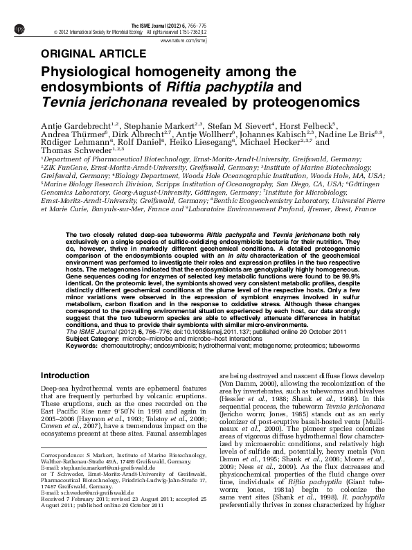 (PDF) Physiological homogeneity among the endosymbionts of Riftia ...