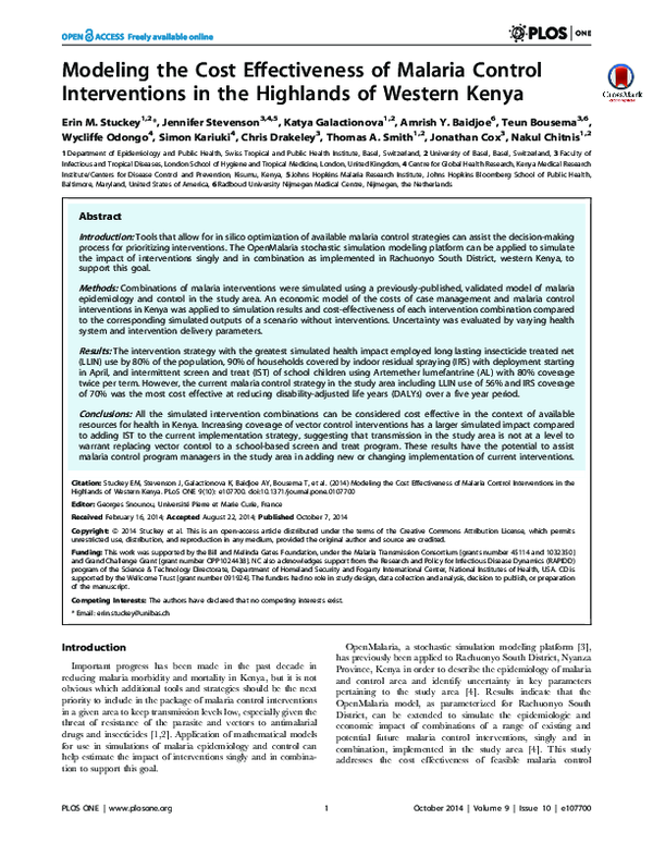 (PDF) Modeling the cost effectiveness of malaria control interventions ...