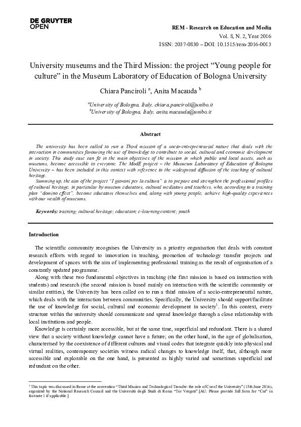 (PDF) University museums and the Third Mission: the project “Young ...