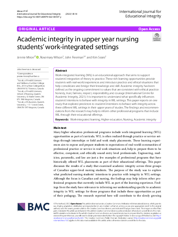 (PDF) Academic integrity in upper year nursing students’ work ...