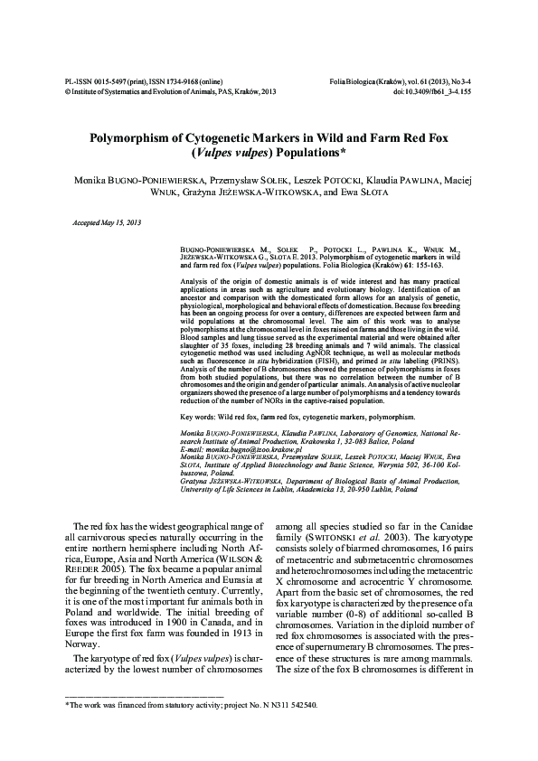 (PDF) Polymorphism of Cytogenetic Markers in Wild and Farm Red Fox ...