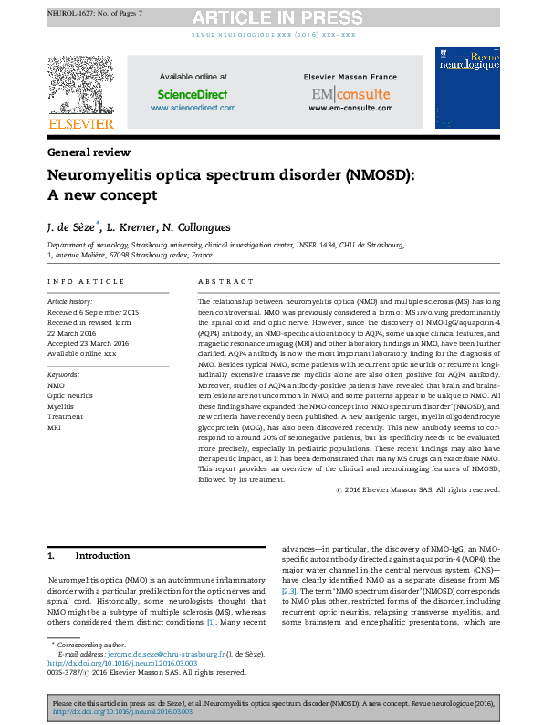 (PDF) Neuromyelitis optica spectrum disorder (NMOSD): A new concept