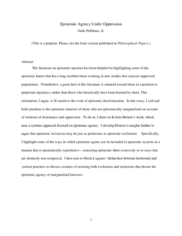 First page of “Epistemic Agency Under Oppression”