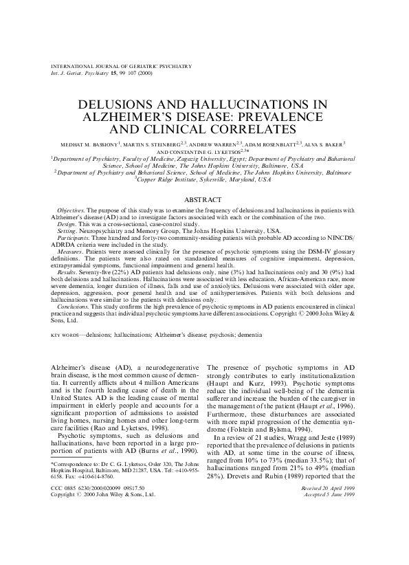 (PDF) Delusions and Hallucinations in Alzheimer's Disease: Results from ...