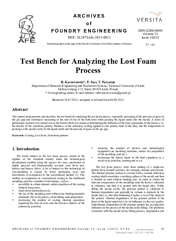(PDF) Test Bench for Analyzing the Lost Foam Process