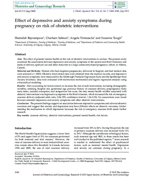 (PDF) Effect of depressive and anxiety symptoms during pregnancy on ...
