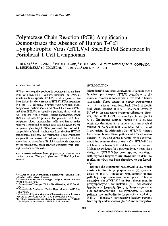 Polymerase chain reaction (PCR) amplification demonstrates the absence of human T-cell lymphotrophic virus (HTLV)-I specific pol sequences in peripheral T-cell lymphomas