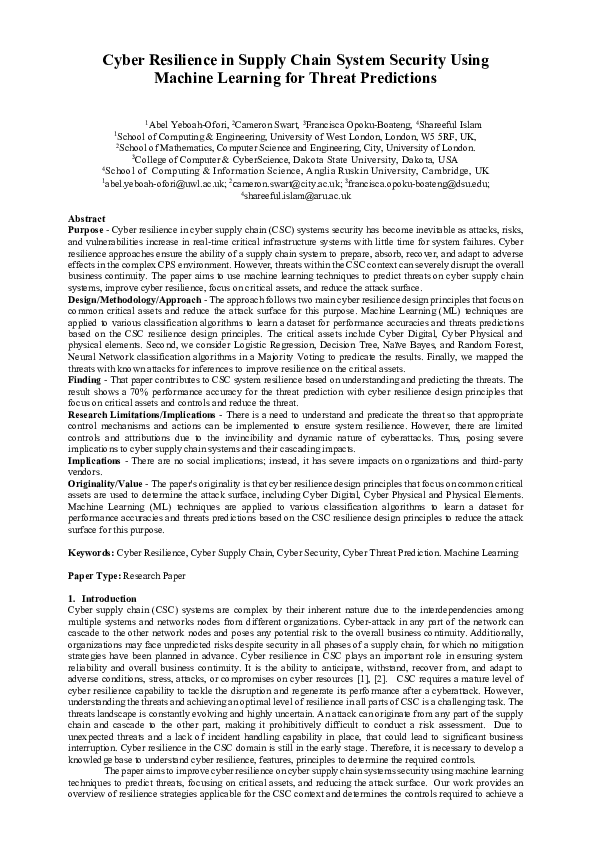 (PDF) Cyber resilience in supply chain system security using machine ...