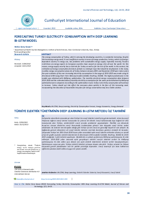 (PDF) FORECASTING TURKEY ELECTRICITY CONSUMPTION WITH DEEP LEARNING BI ...