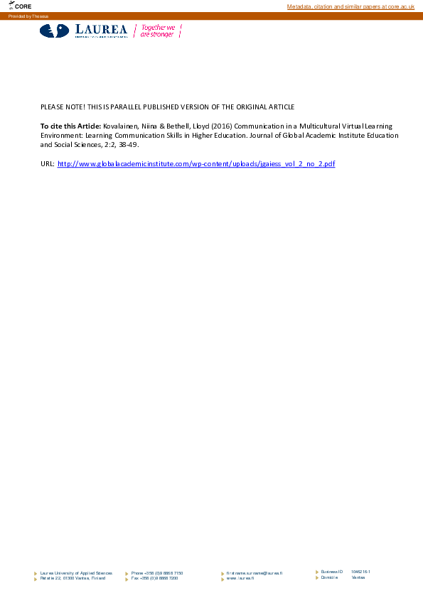 (PDF) Communication in a Multicultural Virtual Learning Environment ...