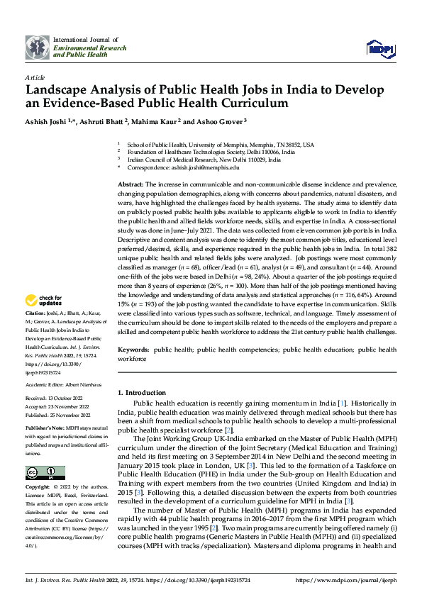 (PDF) Landscape Analysis of Public Health Jobs in India to Develop an ...