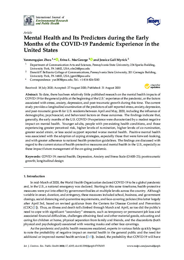 (PDF) Mental Health and Its Predictors during the Early Months of the ...