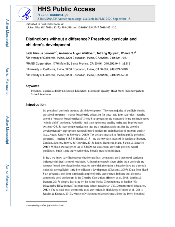 (PDF) Distinctions Without a Difference? Preschool Curricula and ...