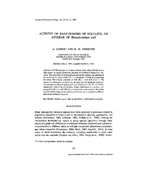(PDF) Activity of Enantiomers of Sulcatol on Apterae of Rhopalosiphum padi