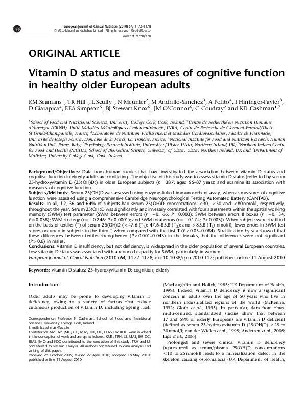(PDF) Vitamin D status and measures of cognitive function in healthy ...