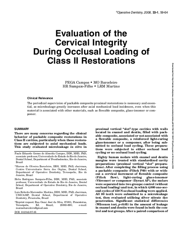 (PDF) Evaluation of the Cervical Integrity During Occlusal Loading of ...