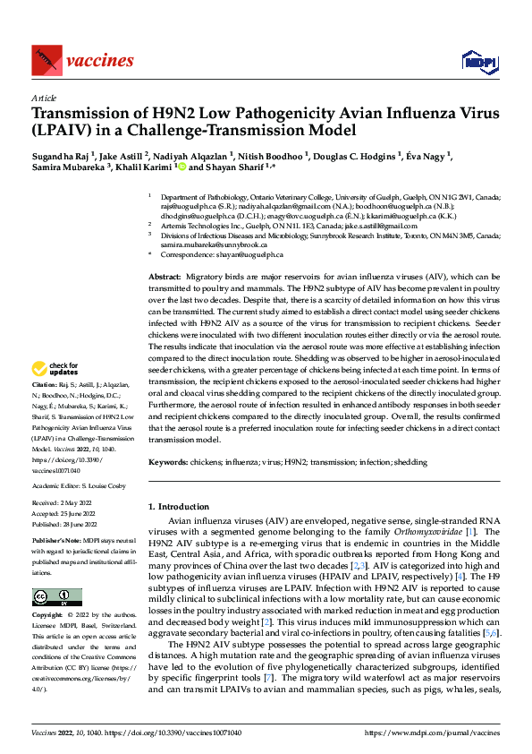 (PDF) Transmission of H9N2 Low Pathogenicity Avian Influenza Virus ...