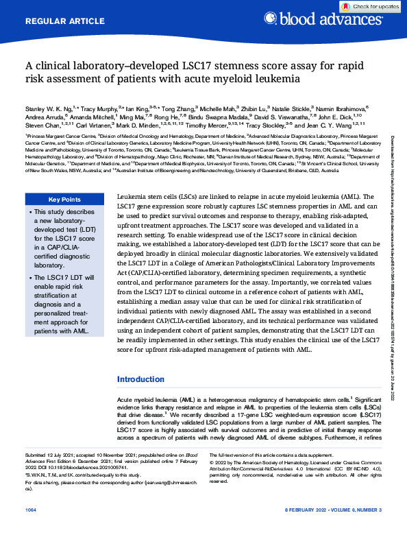 (PDF) A clinical laboratory–developed LSC17 stemness score assay for ...