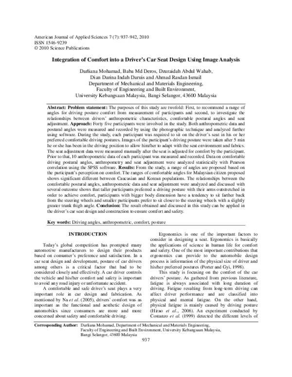 (PDF) Integration of Comfort into a Driver's Car Seat Design Using ...