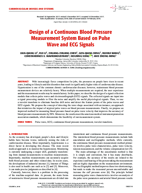 (PDF) Design of a Continuous Blood Pressure Measurement System Based on ...