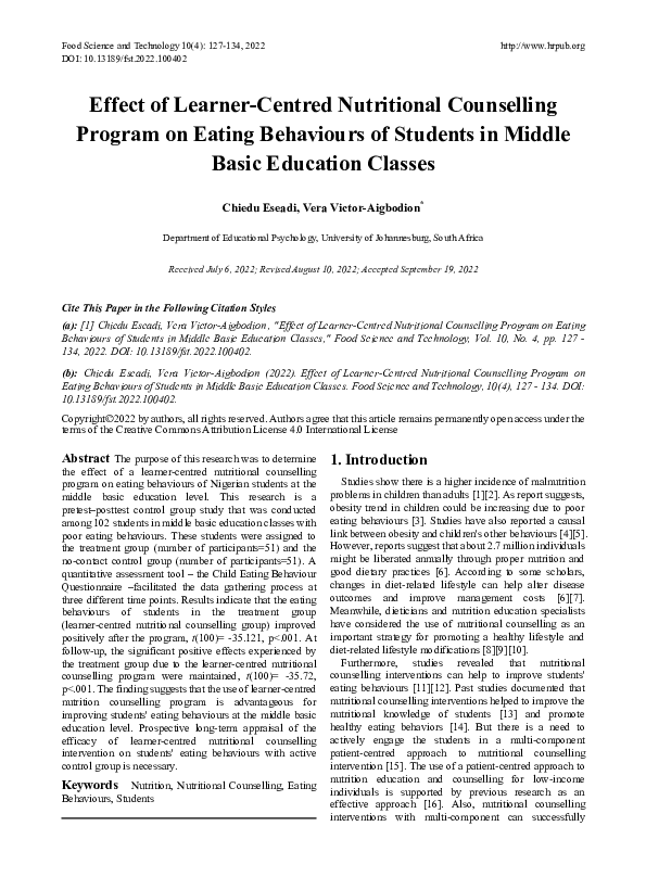 (PDF) Effect of Learner-Centred Nutritional Counselling Program on ...