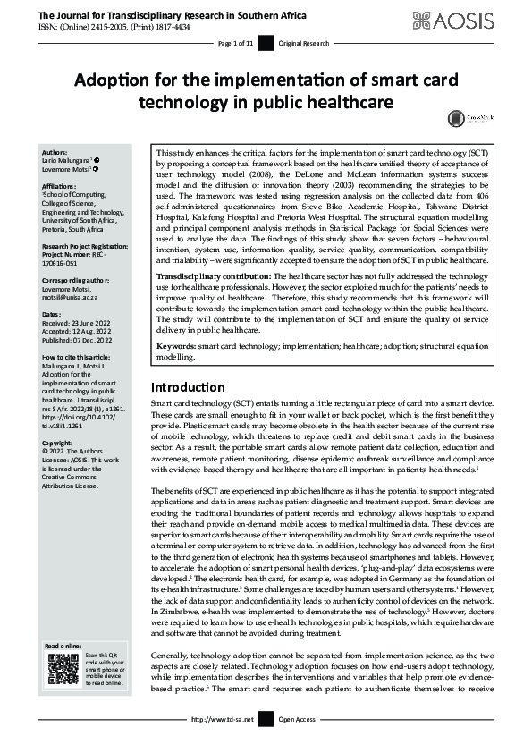 (PDF) Adoption for the implementation of smart card technology in ...