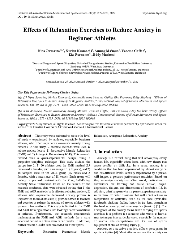 (PDF) Effects of Relaxation Exercises to Reduce Anxiety in Beginner ...