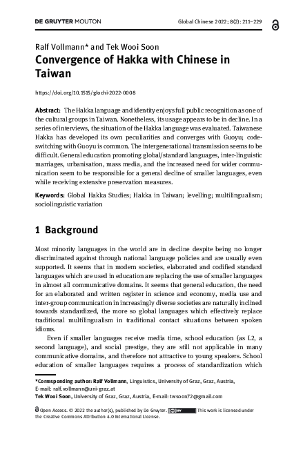 (PDF) Convergence of Hakka with Chinese in Taiwan