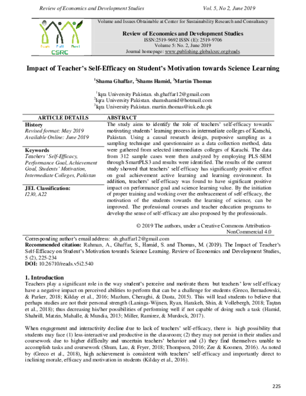 (PDF) The Impact of Teacher’s Self-Efficacy on Student’s Motivation ...