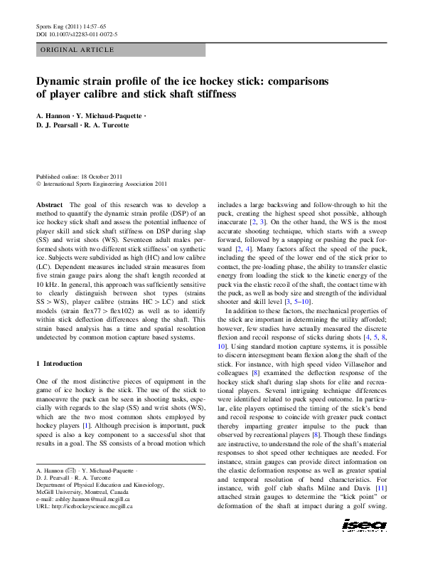 (PDF) Dynamic strain profile of the ice hockey stick: comparisons of ...