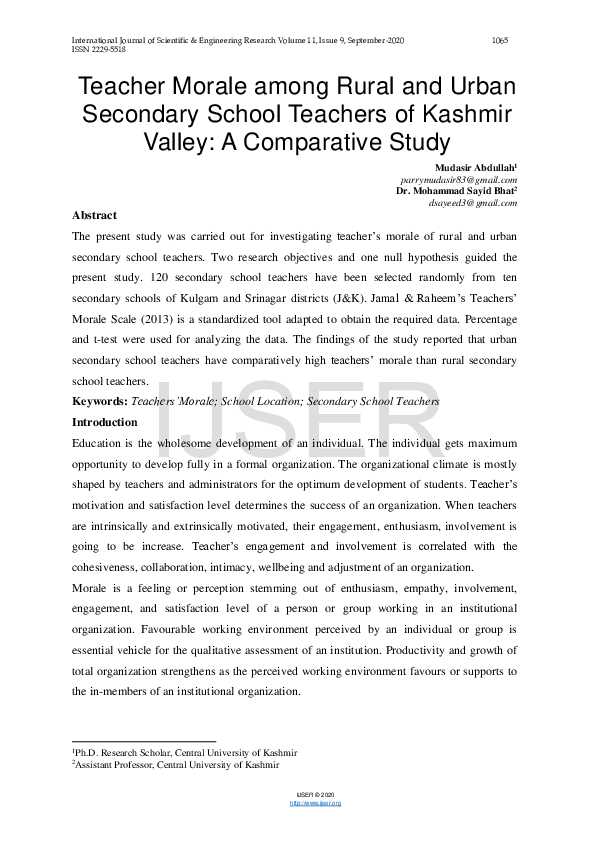 (PDF) Teacher Morale among Rural and Urban Secondary School Teachers of ...