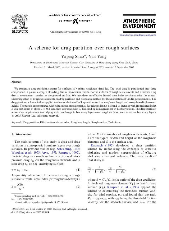 (PDF) A scheme for drag partition over rough surfaces Yaping Shao