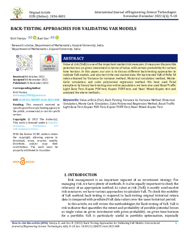 (PDF) BACK-TESTING APPROACHES FOR VALIDATING VAR MODELS