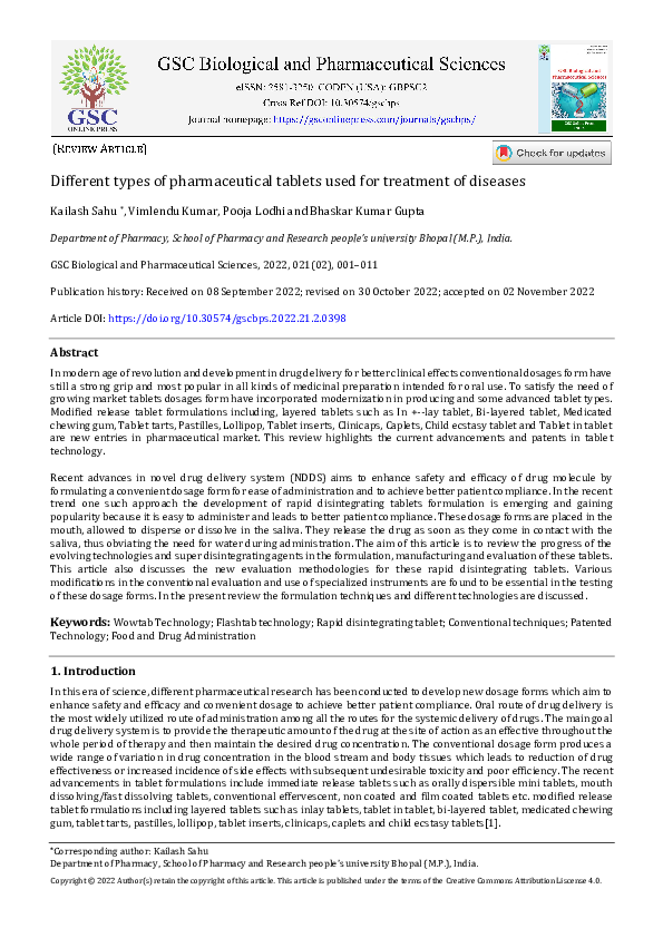 (PDF) Different types of pharmaceutical tablets used for treatment of ...