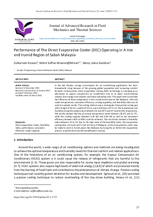 (PDF) Performance of The Direct Evaporative Cooler (DEC) Operating in A ...