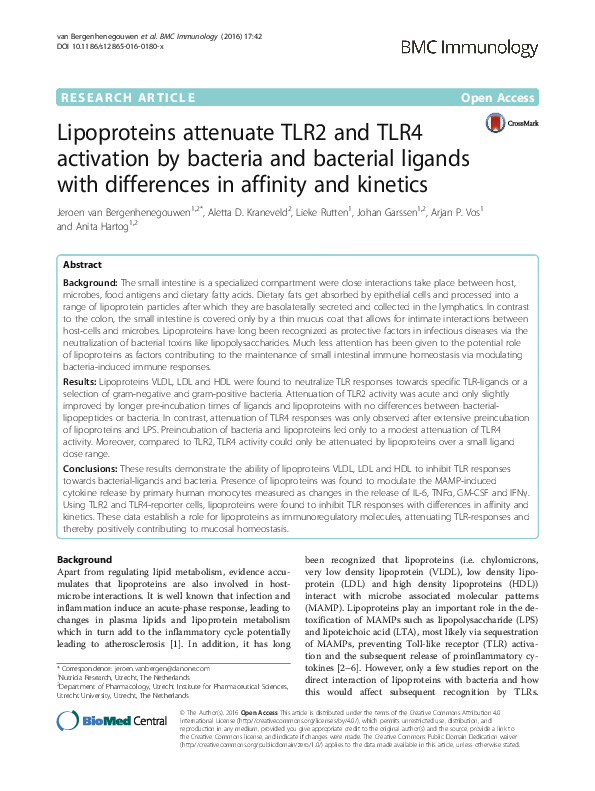 (PDF) Lipoproteins attenuate TLR2 and TLR4 activation by bacteria and ...