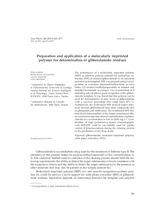 (PDF) Preparation and application of a molecularly imprinted polymer ...