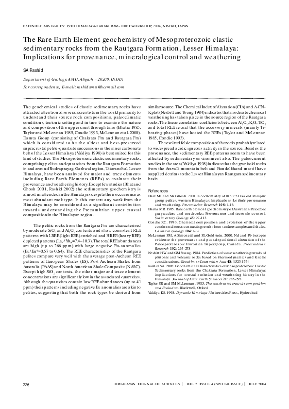 (PDF) The Rare Earth Element geochemistry of Mesoproterozoic clastic ...