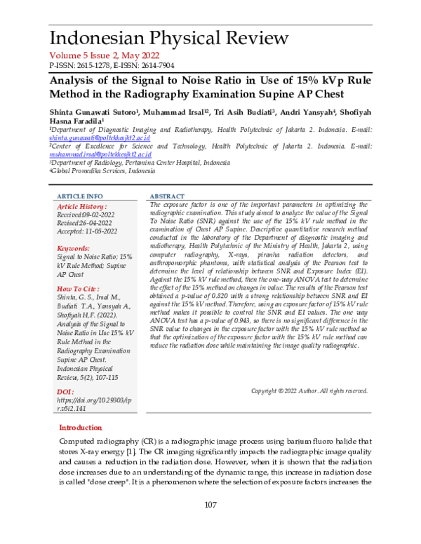 (PDF) Analysis of the Signal to Noise Ratio in Use of 15% KVP Rule ...