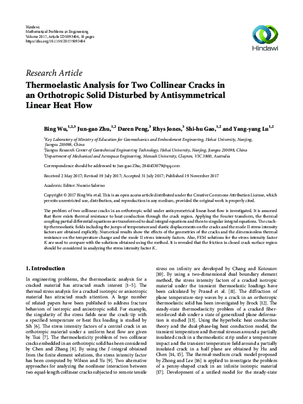 (PDF) Thermoelastic Analysis for Two Collinear Cracks in an Orthotropic ...