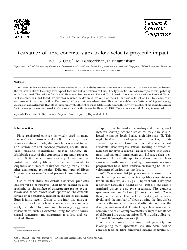 (PDF) Resistance of fibre concrete slabs to low velocity projectile impact