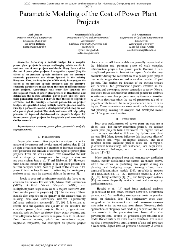 (PDF) Parametric Modeling of the Cost of Power Plant Projects
