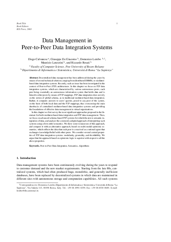 (PDF) Data management in peer-to-peer data integration systems
