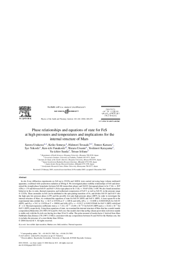 (PDF) Phase relationships and equations of state for FeS at high ...