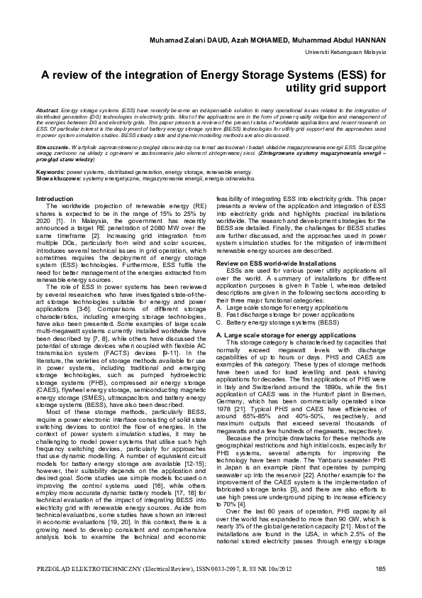 (PDF) A review of the integration of Energy Storage Systems (ESS) for ...