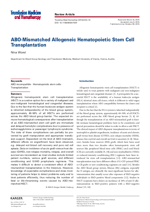 (PDF) ABO-Mismatched Allogeneic Hematopoietic Stem Cell Transplantation