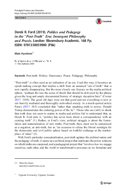 (PDF) Derek R. Ford (2019). Politics and Pedagogy in the “Post-Truth ...