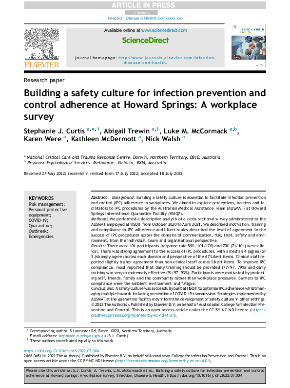 (PDF) Building a safety culture for infection prevention and control ...