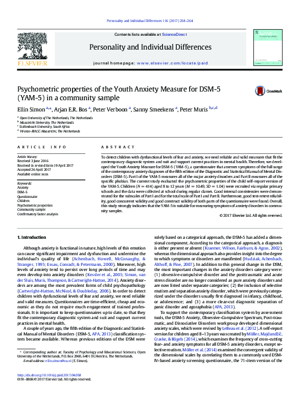 (PDF) Psychometric properties of the Youth Anxiety Measure for DSM-5 ...