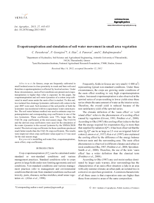 (PDF) Evapotranspiration and simulation of soil water movement in small ...